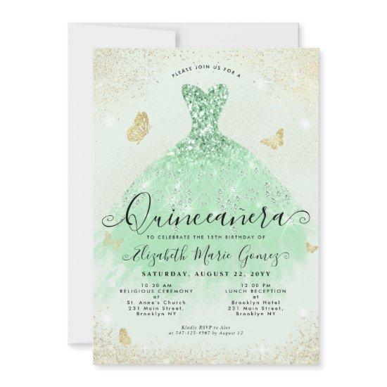 Elegant Sage Green Gold Glitter Gown Quinceanera