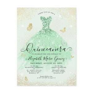 Elegant Sage Green Gold Glitter Gown Quinceanera Postcard
