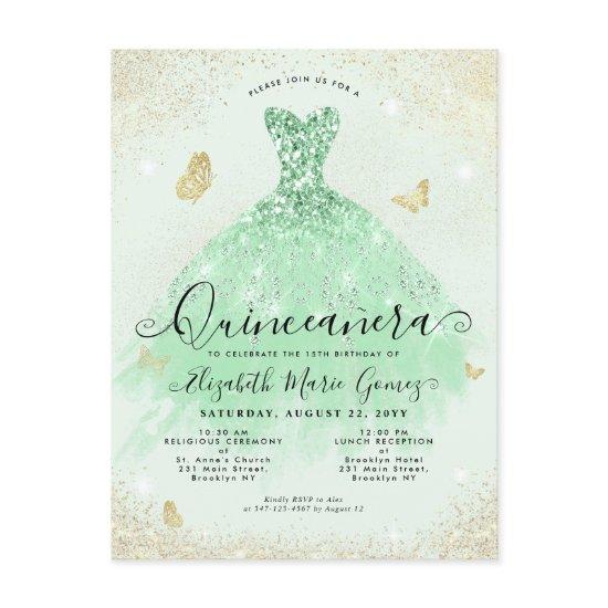 Elegant Sage Green Gold Glitter Gown Quinceanera Postcard