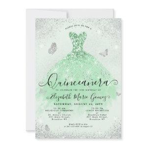 Elegant Sage Green Silver Glitter Gown Quinceanera