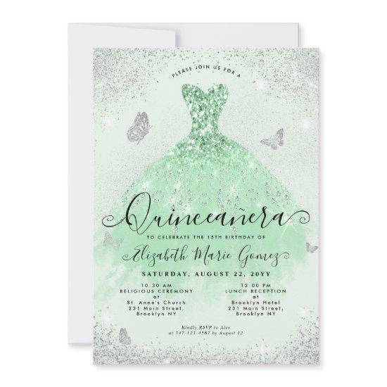 Elegant Sage Green Silver Glitter Gown Quinceanera
