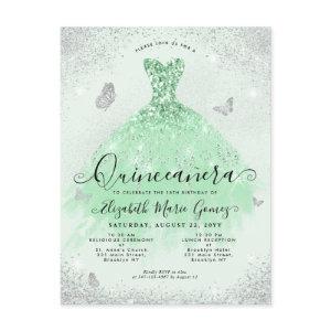 Elegant Sage Green Silver Glitter Gown Quinceanera Postcard