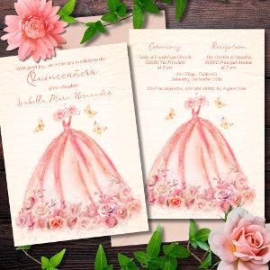 Elegant Salmon Floral Butterflies Quinceañera