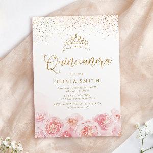 Elegant script gold & blush floral Quinceanera