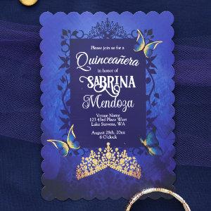 Elegant Script, Royal Blue Quinceanera, Gold Tiara