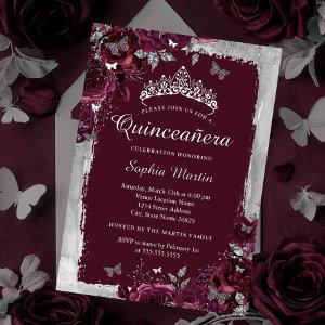 Elegant Silver Burgundy flower Quinceanera  Foil