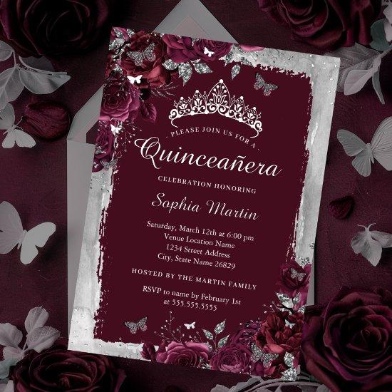 Elegant Silver Burgundy flower Quinceanera  Foil