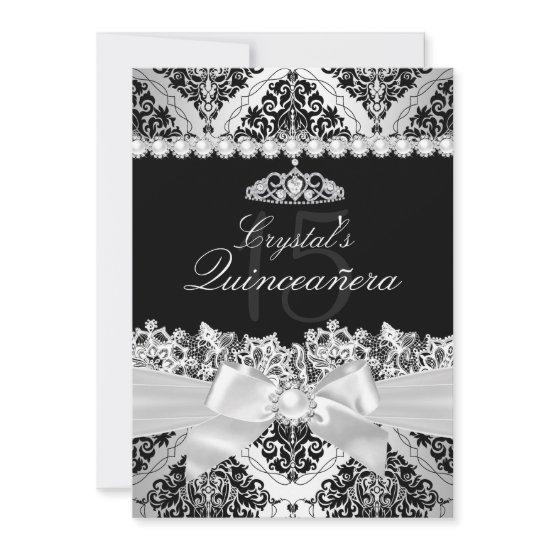 Elegant Silver Damask & Bow Quinceanera Invite