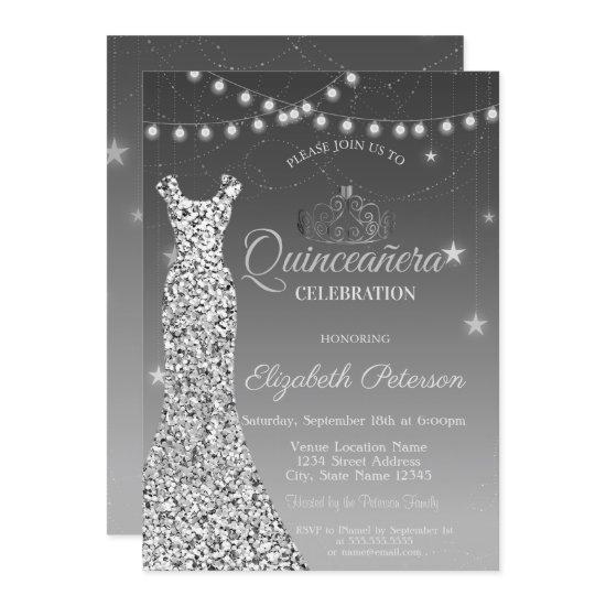 Elegant Silver Dress, String Lights Quinceañera