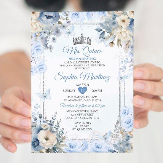 Elegant Silver & Dusty Blue Roses MIS QUINCE