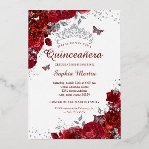 Elegant Silver Floral Butterfly Red Quinceanera  Foil