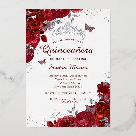 Elegant Silver Floral Butterfly Red Quinceanera  Foil