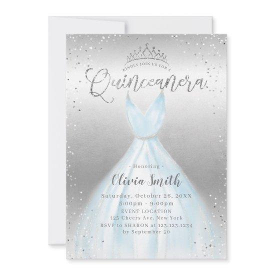 Elegant silver glitter blue dress Quinceañera