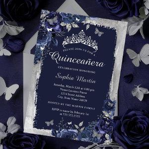 Elegant Silver Navy flower Quinceanera Foil