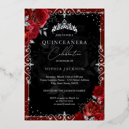 Elegant Silver Red Rose Quinceanera Foil