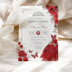 Elegant Silver Red Roses Quinceañera Princess