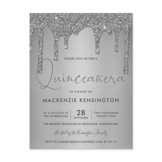 Elegant Silver Sparkle Glitter Drips Quinceañera Postcard