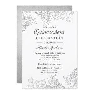 Elegant Silver Vintage Floral Quinceanera Invite