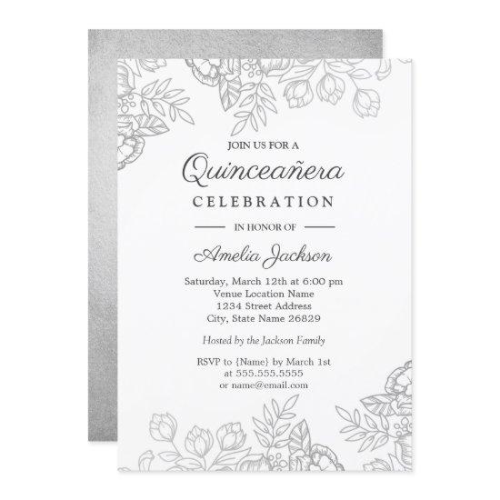 Elegant Silver Vintage Floral Quinceanera Invite