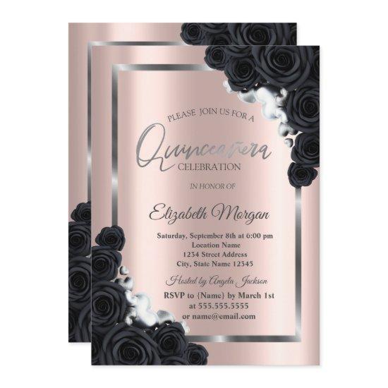 Elegant SilverFrame,Black Roses Quinceañera