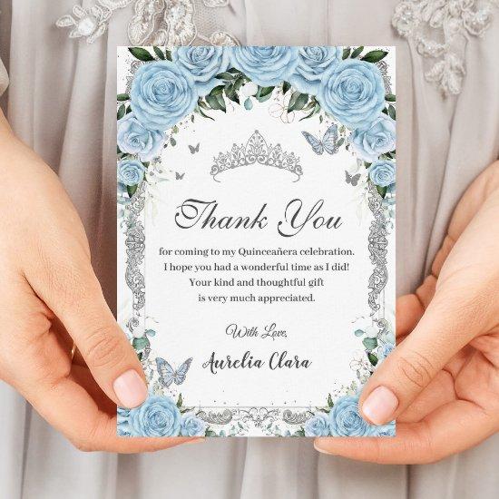 Elegant Sky Blue Floral Sweet Sixteen Quinceañera  Thank You Card