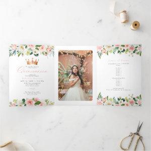 Elegant & Sweet Blush Pink Floral Quinceañera Tri-Fold Holiday Card