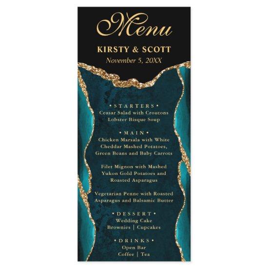 Elegant Teal and Gold Faux Glitter Agate Wedding Menu