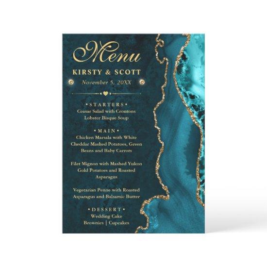 Elegant Teal and Gold Faux Glitter Agate Wedding Menu