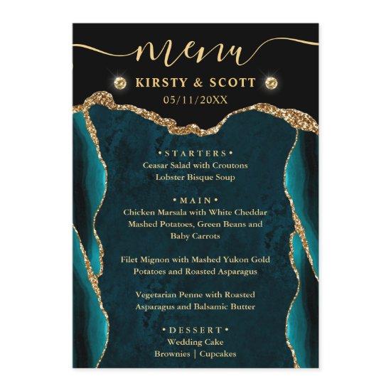 Elegant Teal and Gold Faux Glitter Agate Wedding Menu