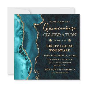 Elegant Teal and Gold Glitter Agate Quinceanera