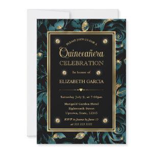 Elegant Teal and Gold Rose Floral Quinceanera