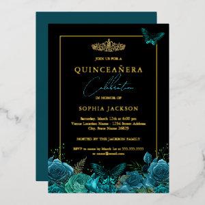 Elegant Teal Blue Black Butterfly Quinceanera Foil