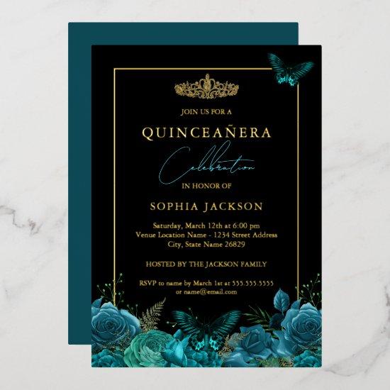 Elegant Teal Blue Black Butterfly Quinceanera Foil