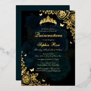 Elegant Teal Blue Gold Rose Quinceanera Foil