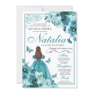 Elegant Teal Floral Quinceanera Birthday Invitatio