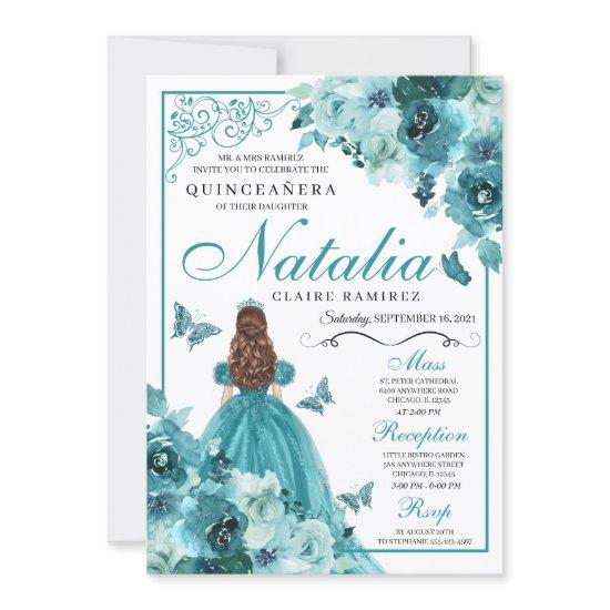 Elegant Teal Floral Quinceanera Birthday Invitatio