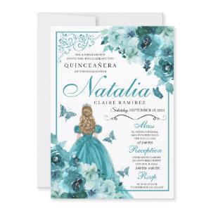 Elegant Teal Floral Quinceanera Birthday Invitatio