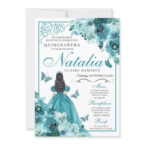 Elegant Teal Floral Quinceanera Birthday