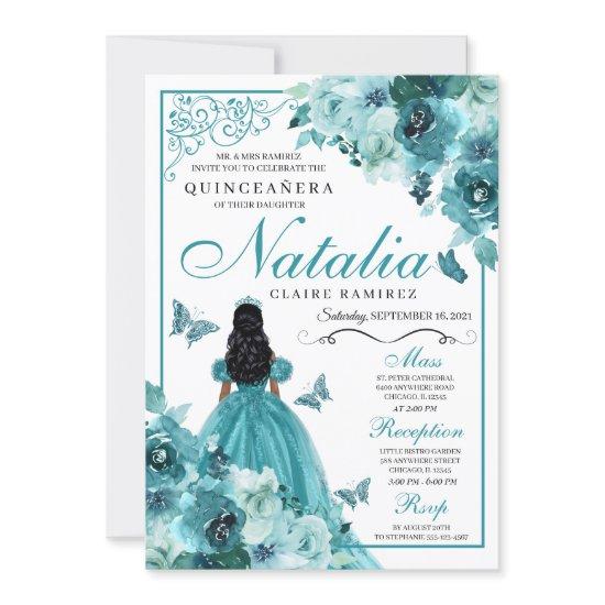 Elegant Teal Floral Quinceanera Birthday