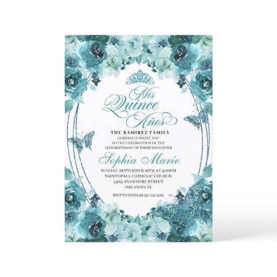 Elegant Teal Floral Quinceanera Birthday