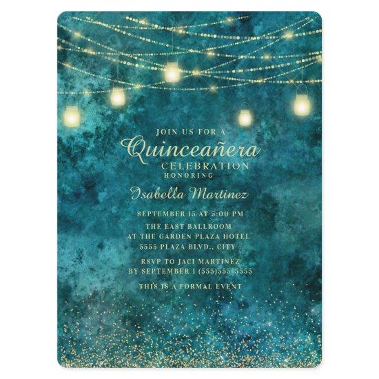 Elegant Teal Gold Glitter String Light Quinceañera