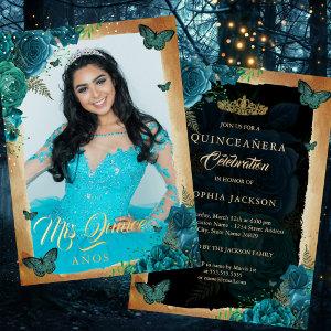Elegant Teal Rose Gold Floral Photo Quinceanera  Foil