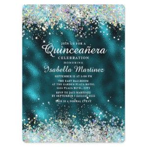 Elegant Teal Silver Glitter Quinceañera