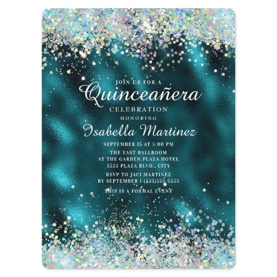 Elegant Teal Silver Glitter Quinceañera