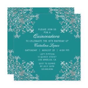 Elegant Teal Silver Ornate Floral Quinceañera