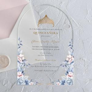 Elegant Tiara Gold Blue roses Quinceañera Acrylic