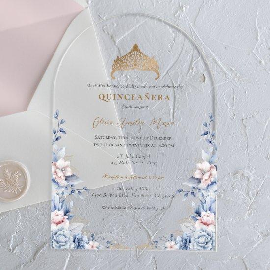 Elegant Tiara Gold Blue roses Quinceañera Acrylic