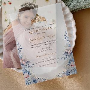 Elegant Tiara Gold Blue roses Quinceañera Vellum