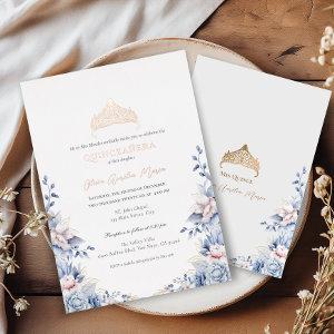 Elegant Tiara Rose Gold Blue Roses Quinceañera Foil