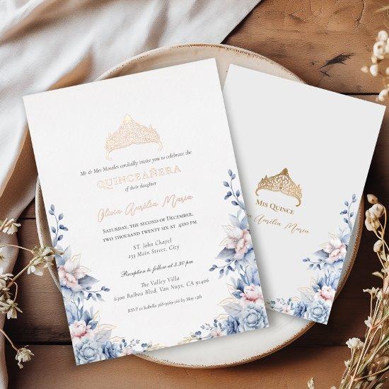 Elegant Tiara Rose Gold Blue Roses Quinceañera Foil